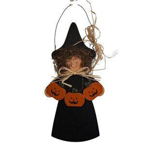 Handmade Wooden Happy Halloween Witch with Pumpkin and Cat Wall Hanging Vtg